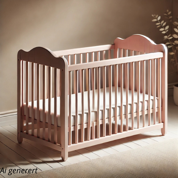 Barneseng i fargen baby rose, plssert i et rom med duse brunbeige farger